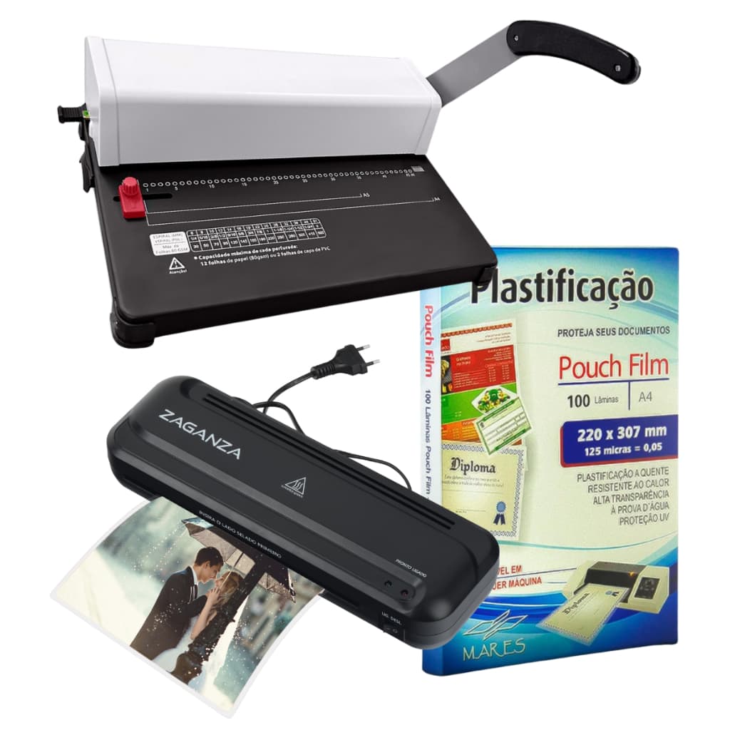 Kit Plastificadora + Encadernadora + 100 Plásticos Polaseal