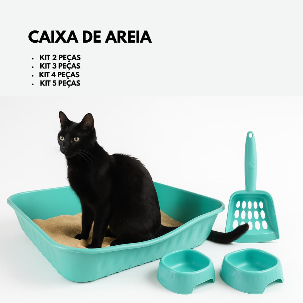 Kit Caixa de Areia para Gato Banheiro Completo Bandeja Pá Higienica Comedouro Sanitário