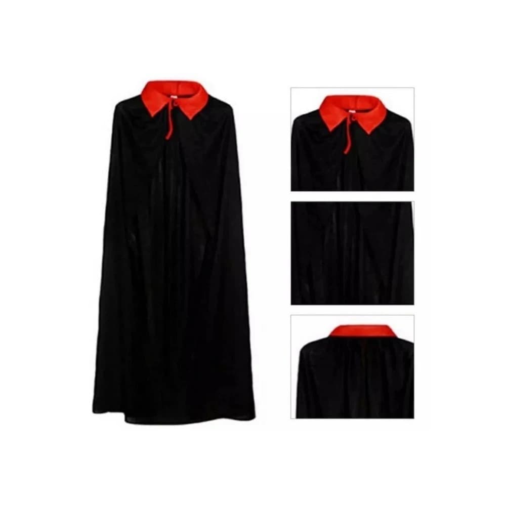 Fantasia Capa de Drácula Preta com Gola Halloween Infantil e Adulto Festa Halowen Conde Vampiro Cosplay Unissex