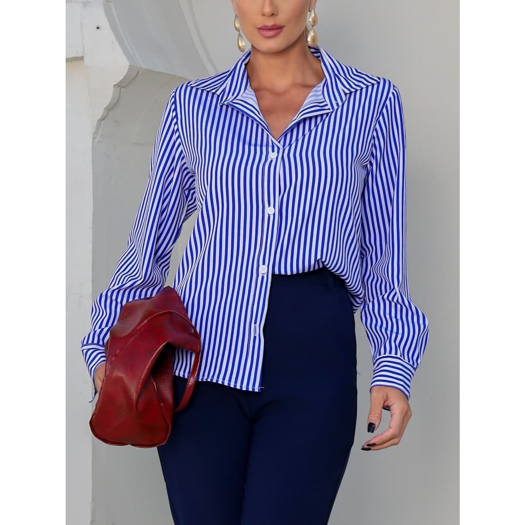 Camisa Branca Listrada para mulheres de Manga Longa Elegante, Blusas de Manga Longa Social