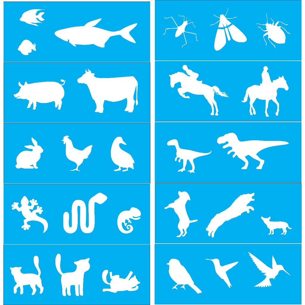 Kit Stencil 10 peças animais, bichinhos para pintura - Molde Estêncil - Tam 17x7 cm