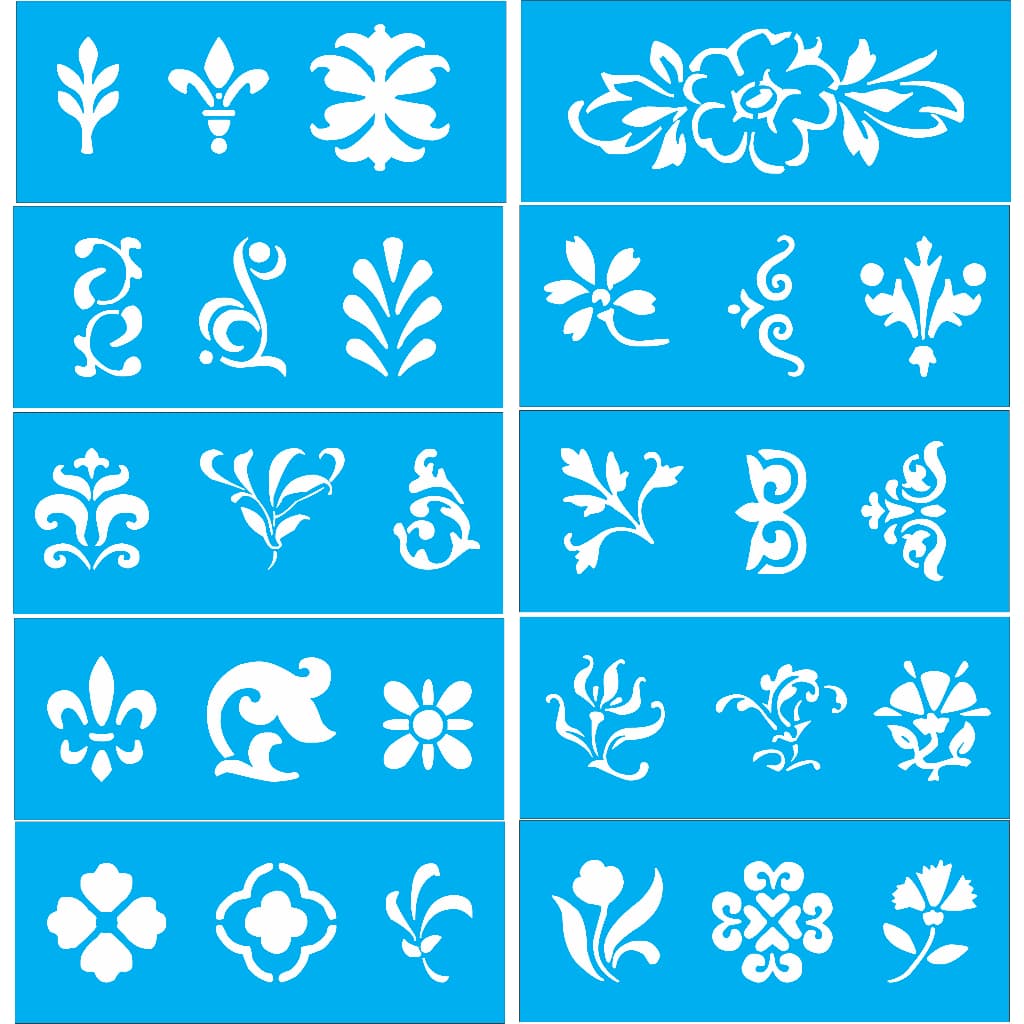 Kit Stencil 10 peças Flores e floral pequenas para pintura - Moldes Estêncil - Tam 17x7 cm