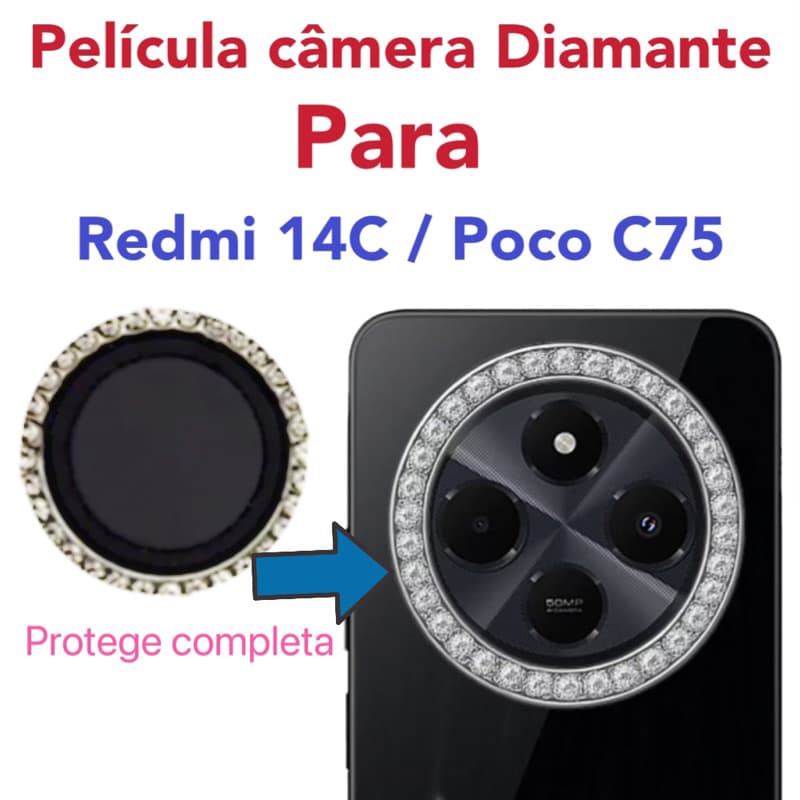Película vidro de câmera Diamante Para Redmi 14C / Poco C75 protege lentes com Strass Brilhante Brilho