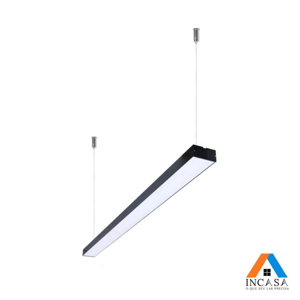 Luminária Pendente Linear Retangular Led Integrado 30W Branco Frio 6500K Preto Bivolt