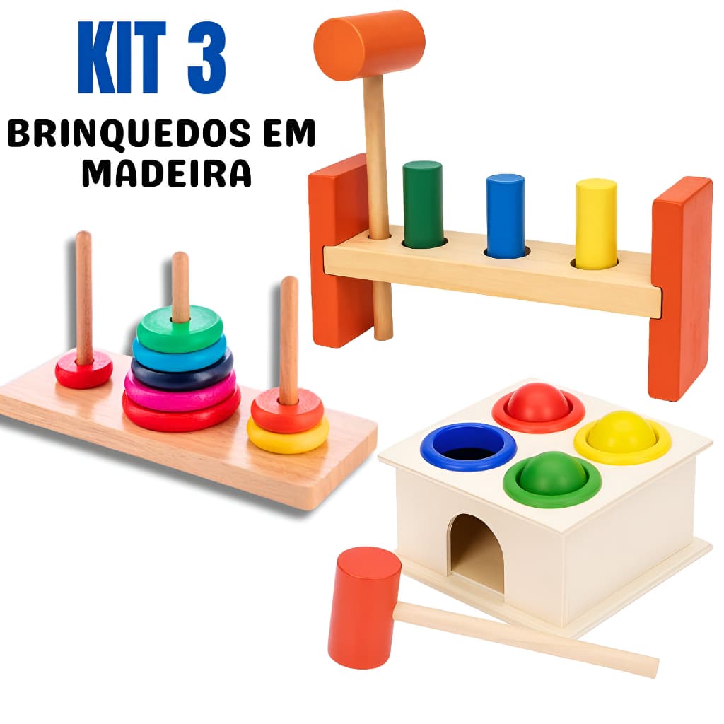 Kit 3 Brinquedo Bancadinha Com Martelo E Pinos +Torre De Hanói+ Caixa Bate Pinos-Brinquedo Educativo E Pedagógico