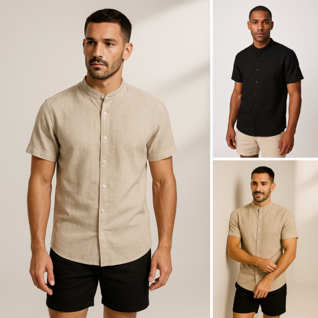 Camisa Masculina Gola Padre Manga Curta Linho Social Casual Elagante