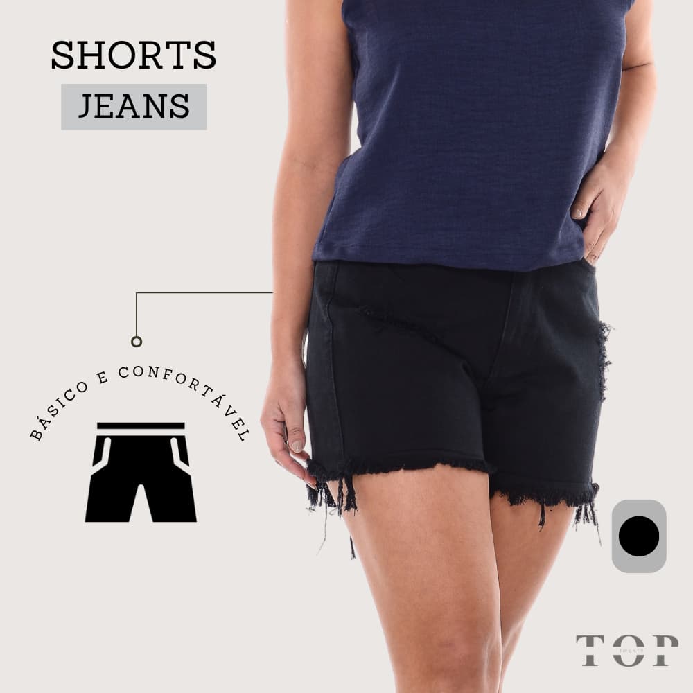 Short Sarja Feminino Preto Cintura Alta com Barra Desfiada e Rasgos Estilo Destroyed