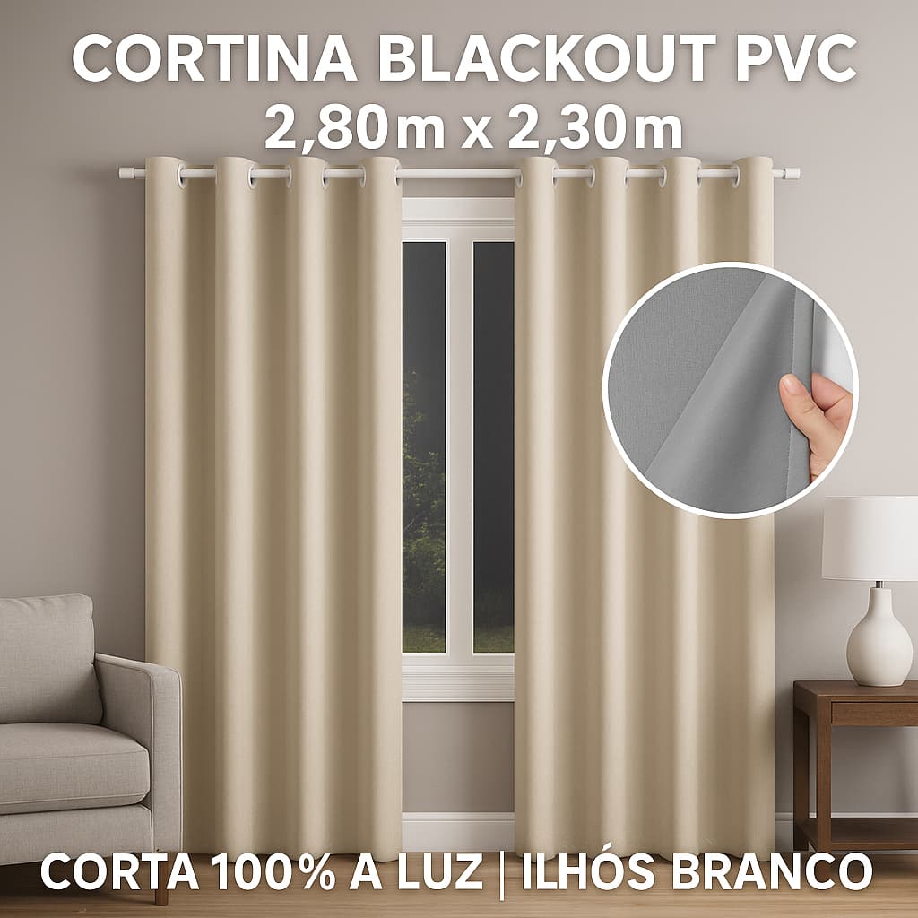 Cortina Blackout PVC 2,80m x 2,30m Bloqueio de Luz 100% Com Ilhós Ideal Para Sala Quarto Escritório