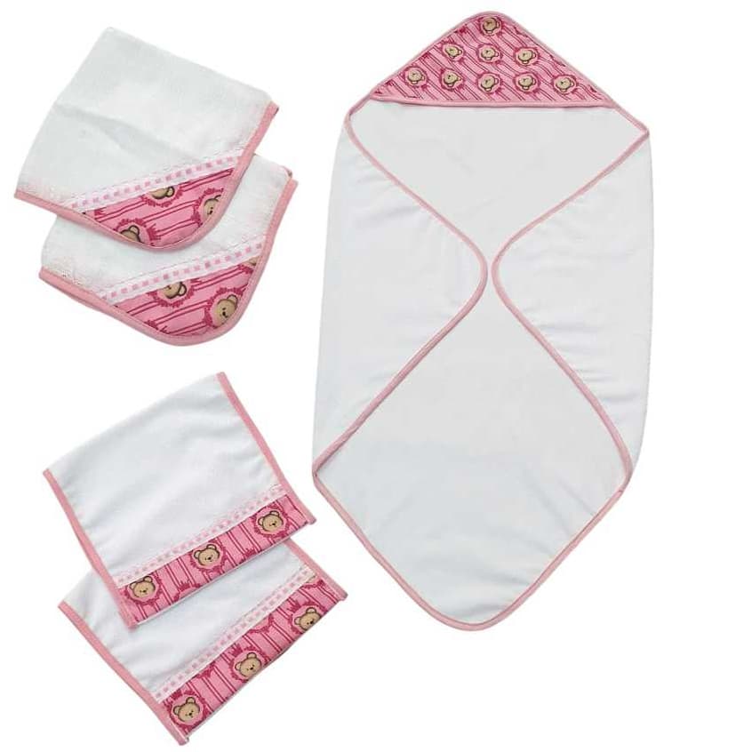 Toalha de Banho Bebê + 2 Toalhas de Ombro + 2 Fralda de Boca para Bebê 100% Algodão Estampada