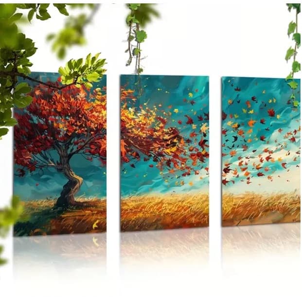 Quadros decorativos Grande120x60cm Conjunto de 3 peças de arte de parede de árvore de outono, Folhas vibrantes e impress