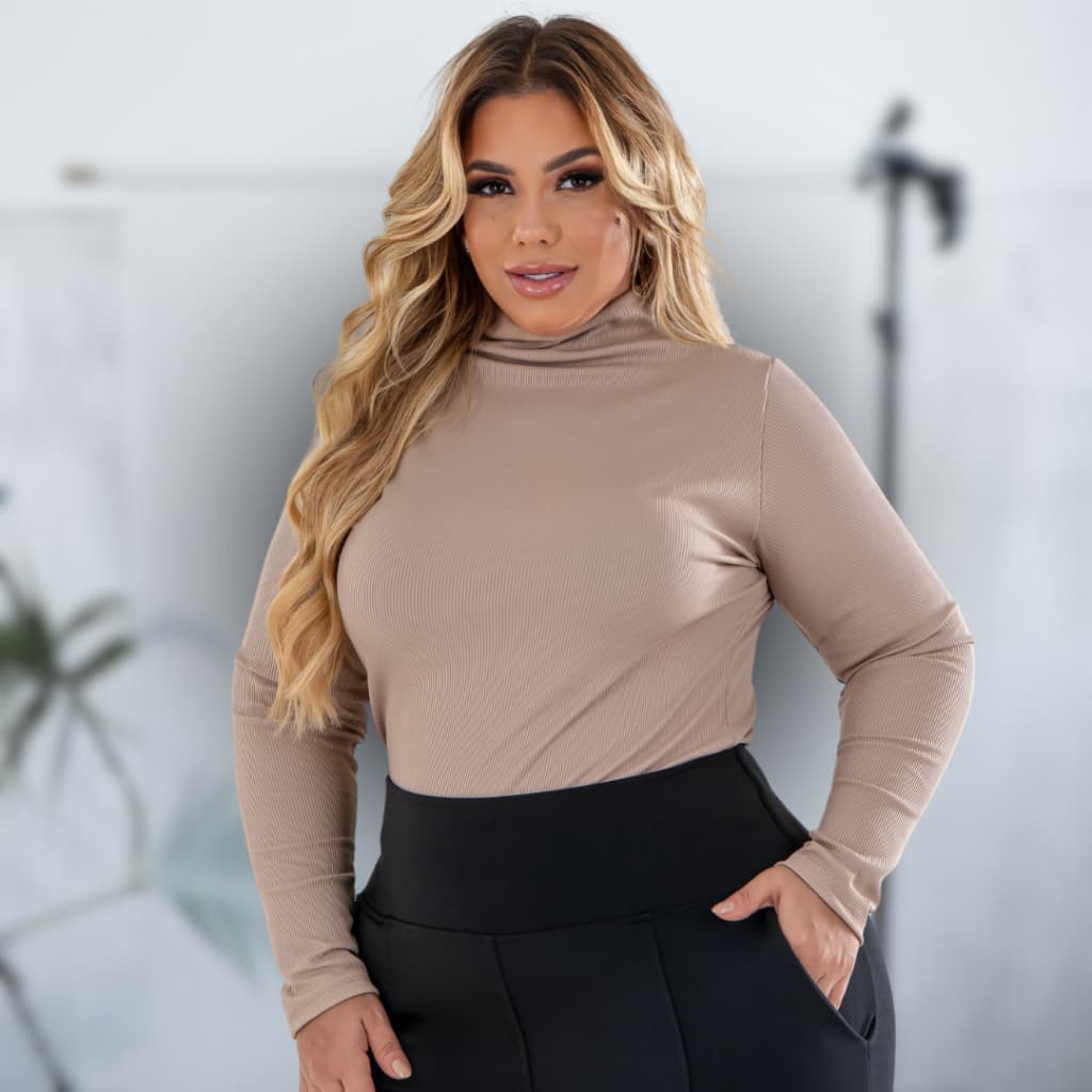 Blusa Manga Longa Canelada Feminina Gola Alta Plus Size Moda Inverno Confortável Casual Elegante