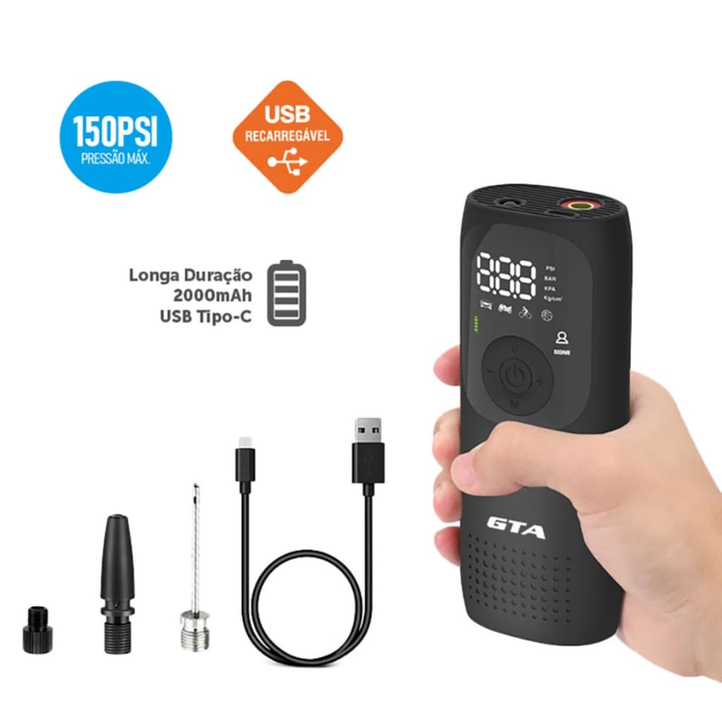Bomba Ar Elétrica Smart Plus GTA 150psi USB-C Portátil P/ Bike Carro Bola Infláveis