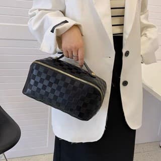 Saco Cosmético De Couro PU Feminino De Grande Capacidade Portátil Viagem Cosméticos Com Estampa Xadrez
