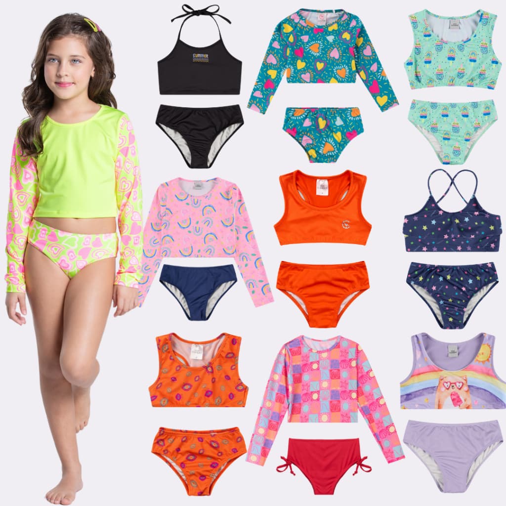 Kit Sortido 6 Peças de Roupas Infantis Menina Moda Praia- 3 Tops + 3 Calcinhas