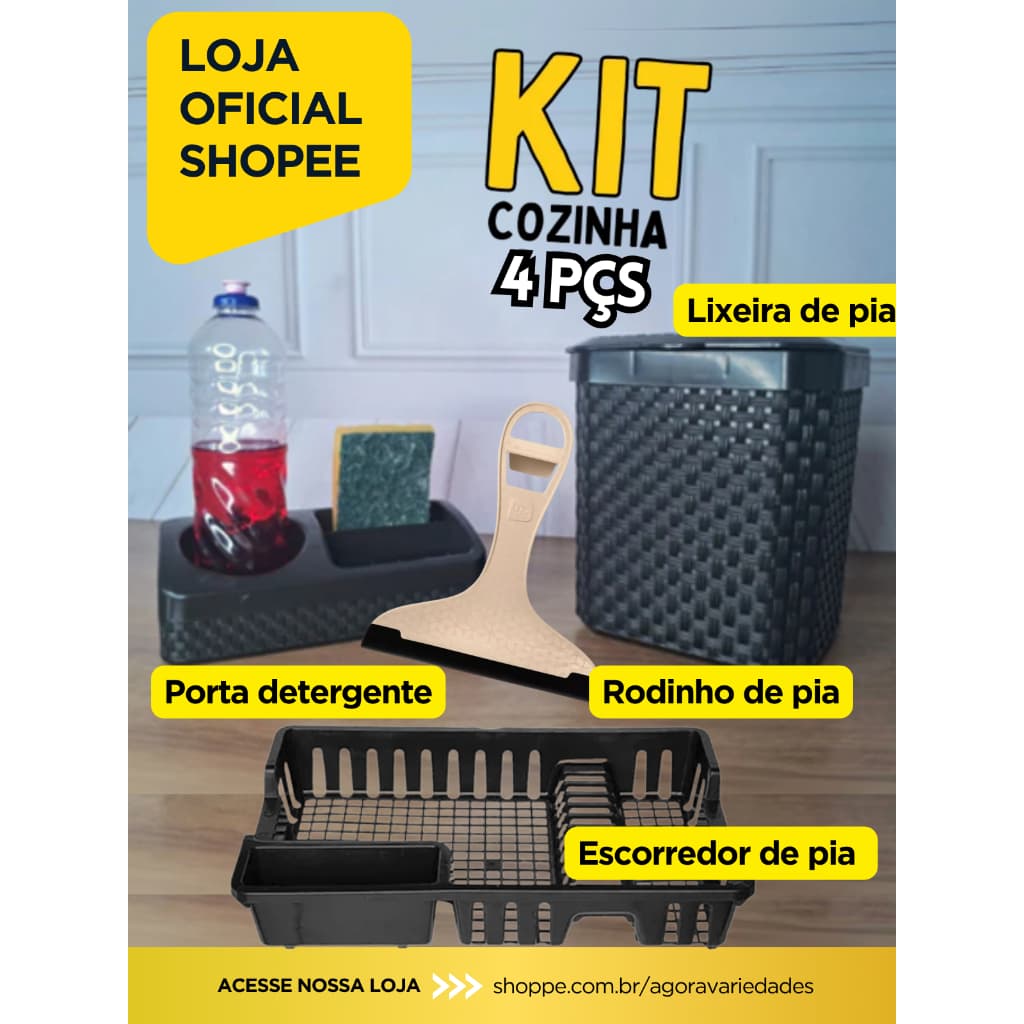 Kit Pia Lixeira 5 litros + Porta Detergente + Rodo de Pia – Praticidade e Organização na Sua Cozinha