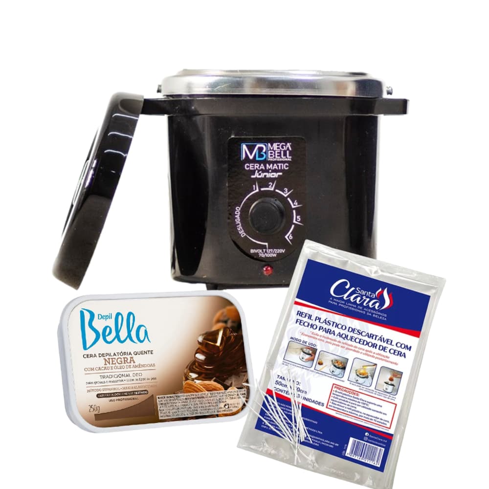 Kit Termocera 400g Preta Sem Refil + Cera em Barra 250g + Refil Plástico