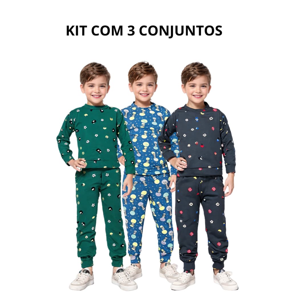 kit 3 pijamas manga longa inverno juvenil tecido comfy tamanho 10 12 14 menino menina