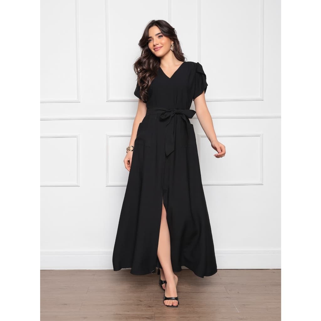 Vestido Longo Feminino Fenda na frente com laço e bolso maguinha - marrant