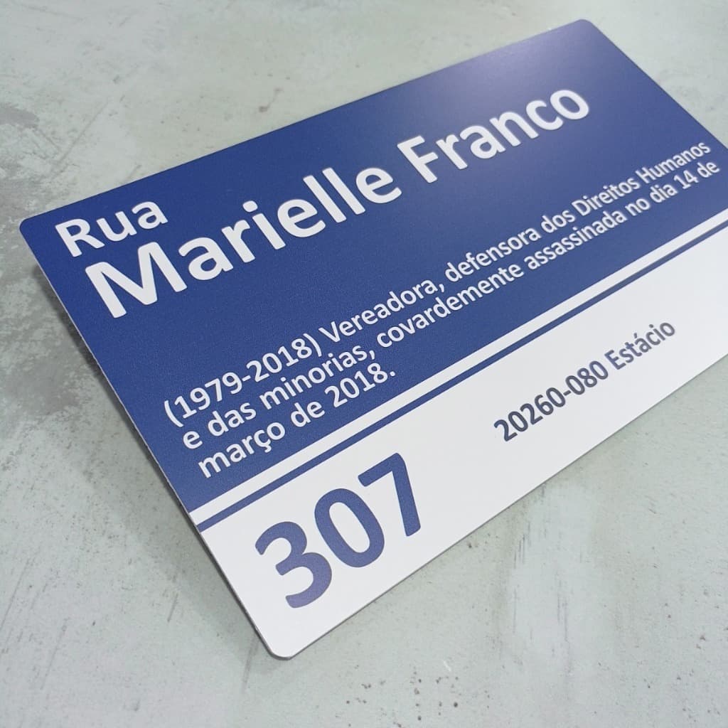 Placa Marielle Franco 33 x 20cm PVC 2mm Rio De Janeiro Brasil