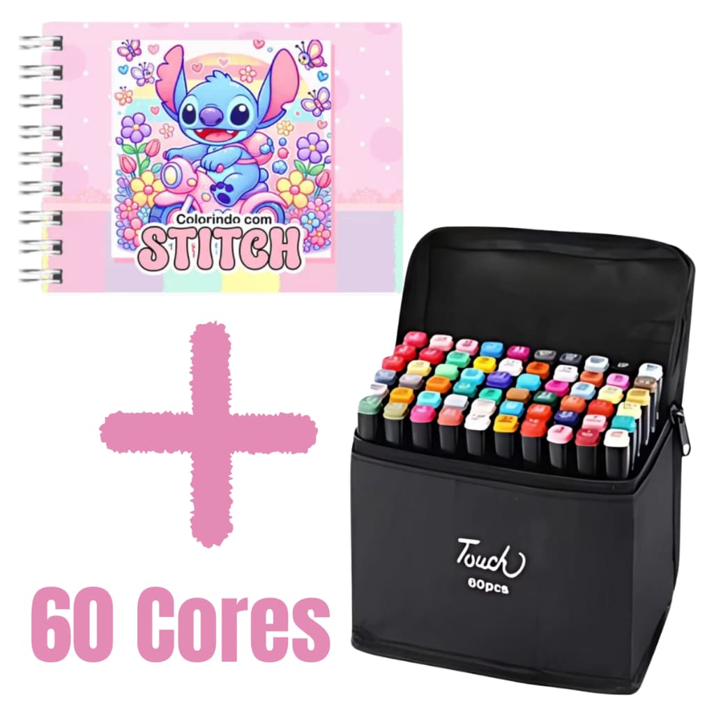KIt de Livro Stich Para Colorir + Conjunto de Canetas Touch com 60 cores Diversão para toda Familia