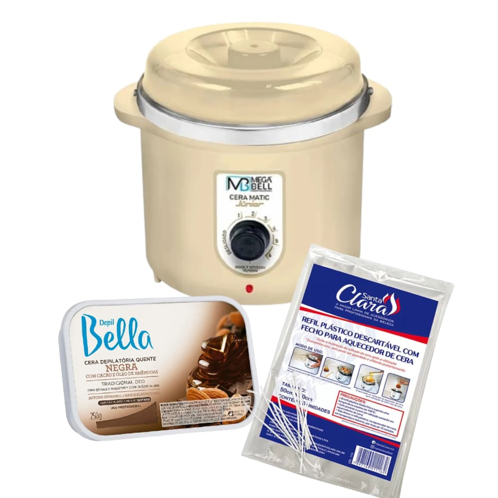 Kit Termocera 400g Bege Sem Refil + Cera em Barra 250g + Refil Plástico