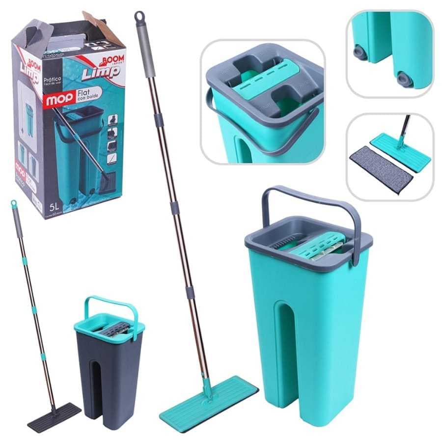Rodo Mop Flat 2 Refis Esfregão Com Balde Rodo Mágico Lava Seca Tira Pó Limpeza Profissional