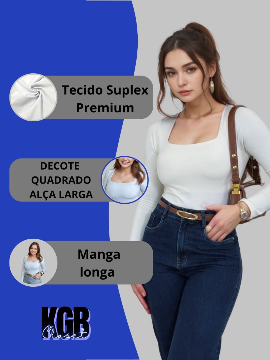 Blusa Feminina Básica Suplex Decote Gola Quadrado Manga Longa Moda Inverno Frio Tendencia Elegante Dia a Dia Casual
