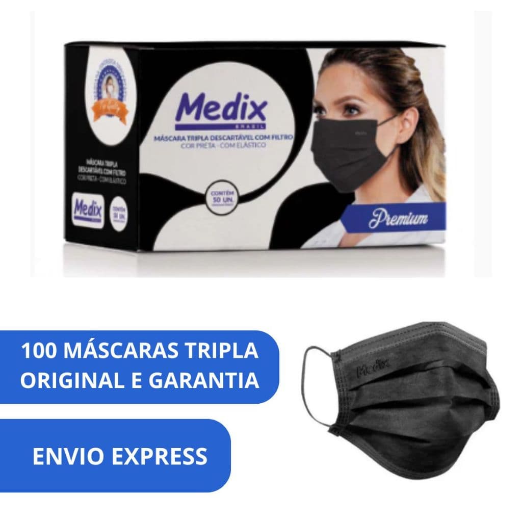 Kit 100 Máscaras Pretas Tripla Camada Medix - Uso Profissional com Elástico e Ajuste Nasal