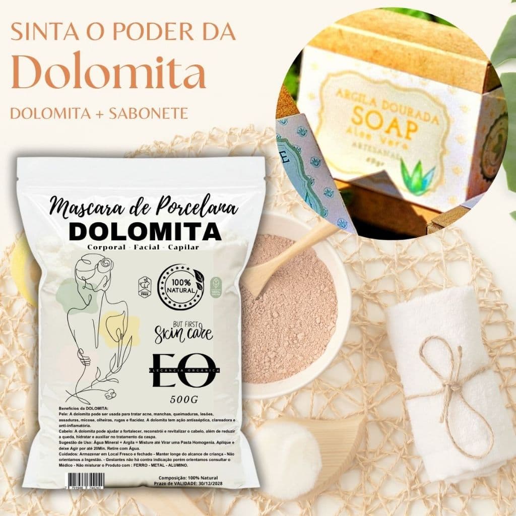 Mascara Porcelana + Sabonete Dolomita Skincare Limpeza Facial Clareador Pele Radiante