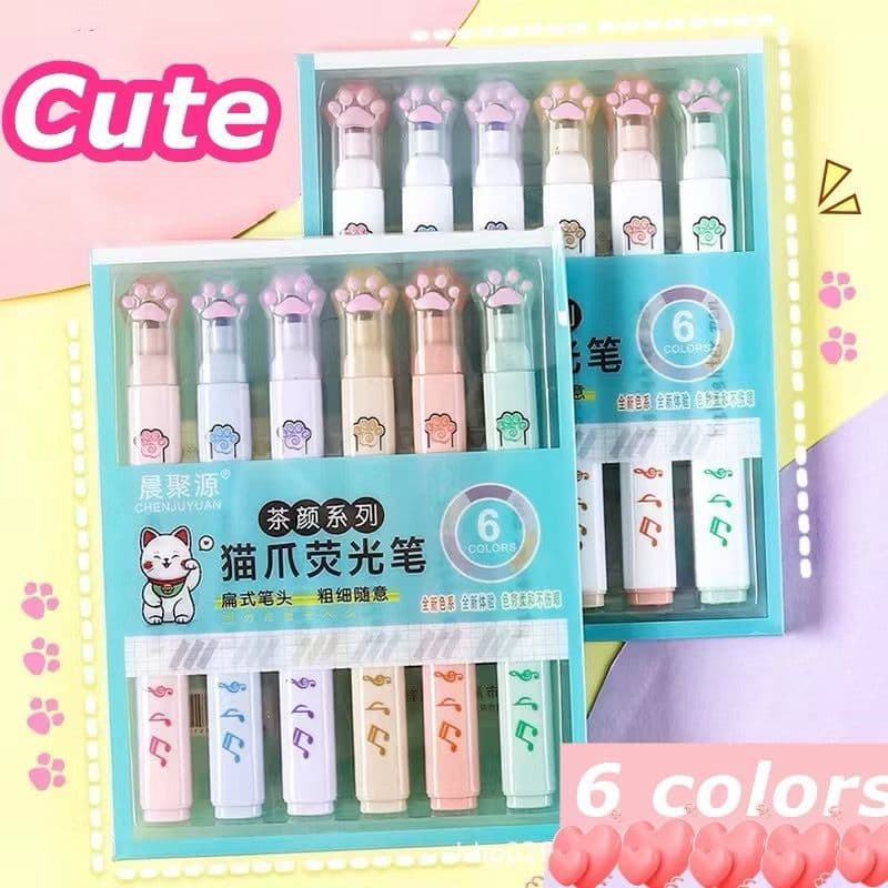 KIT 6 Cores Marca Texto Pastel Neon estampa com Pata ou Rosto de Gatinho Muscial