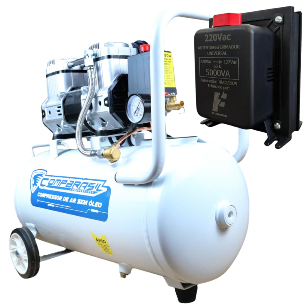 Compressor De Ar Sem Óleo 1100-25l Compbrasil + Transf. Bivolt 127-220V