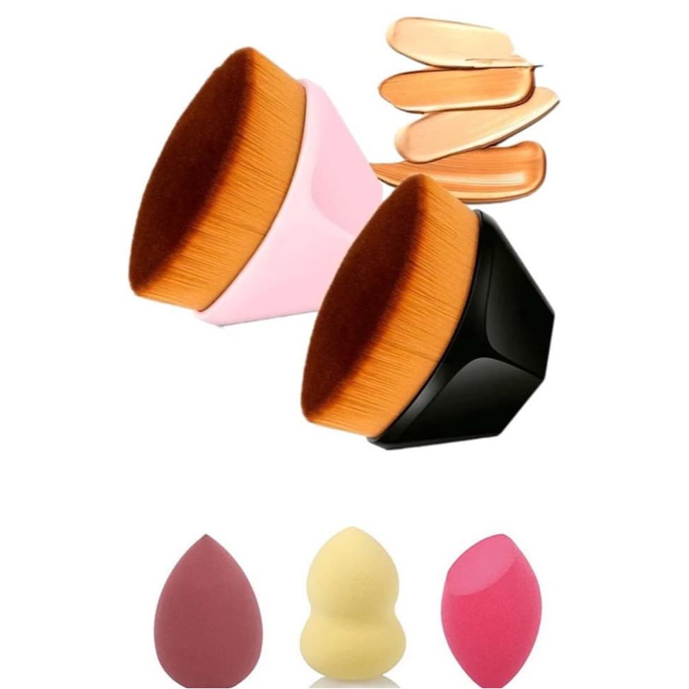 Pincel Hexágono Adequado Para Base, BB Cream/Blush E Pó ,Maquiagem Facial/Preto ou Rosa + 3 Esponjas Make Cores Mistas