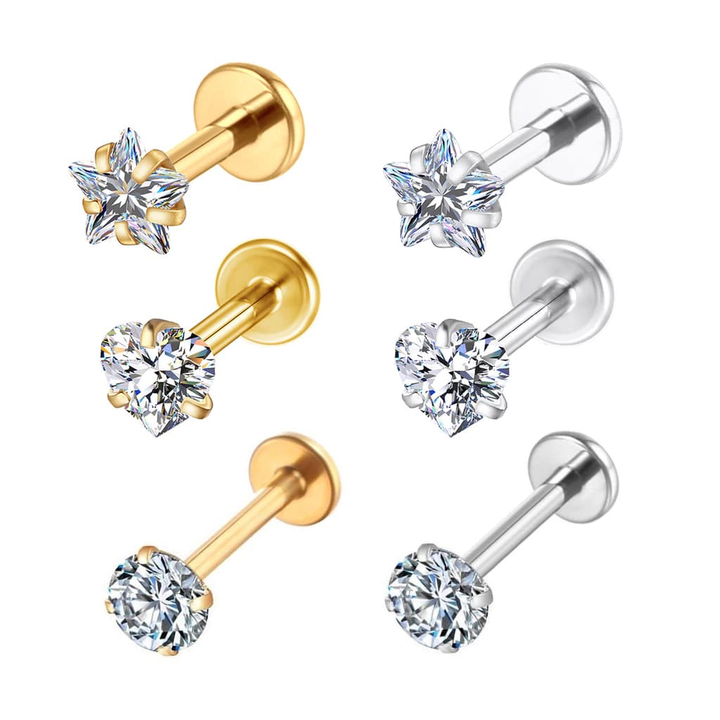 3PCS Kit Piercing Labret Zircônia Estrela Piercing Coracao Aço Cirúrgico | Helix, Tragus, Conch, Nariz, Boca-Medusa Pier