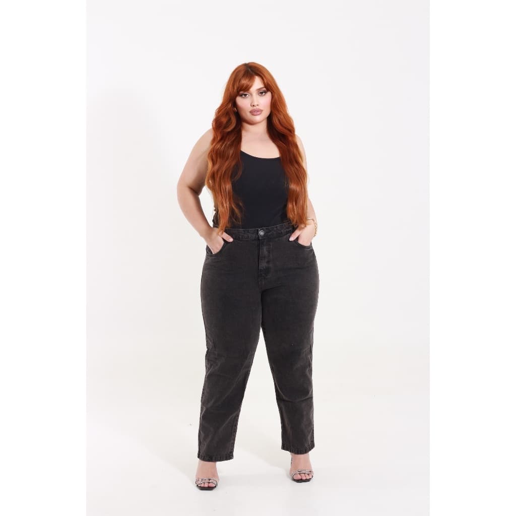 INFINITO MODA Calça Jeans Mom Básica Plus Size Cintura Alta Casual