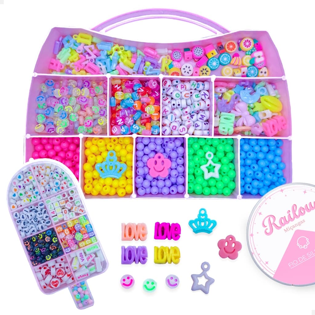 Maleta Kit Miçangas Coloridas Infantil 3200 peças Para Pulseira + Silicone