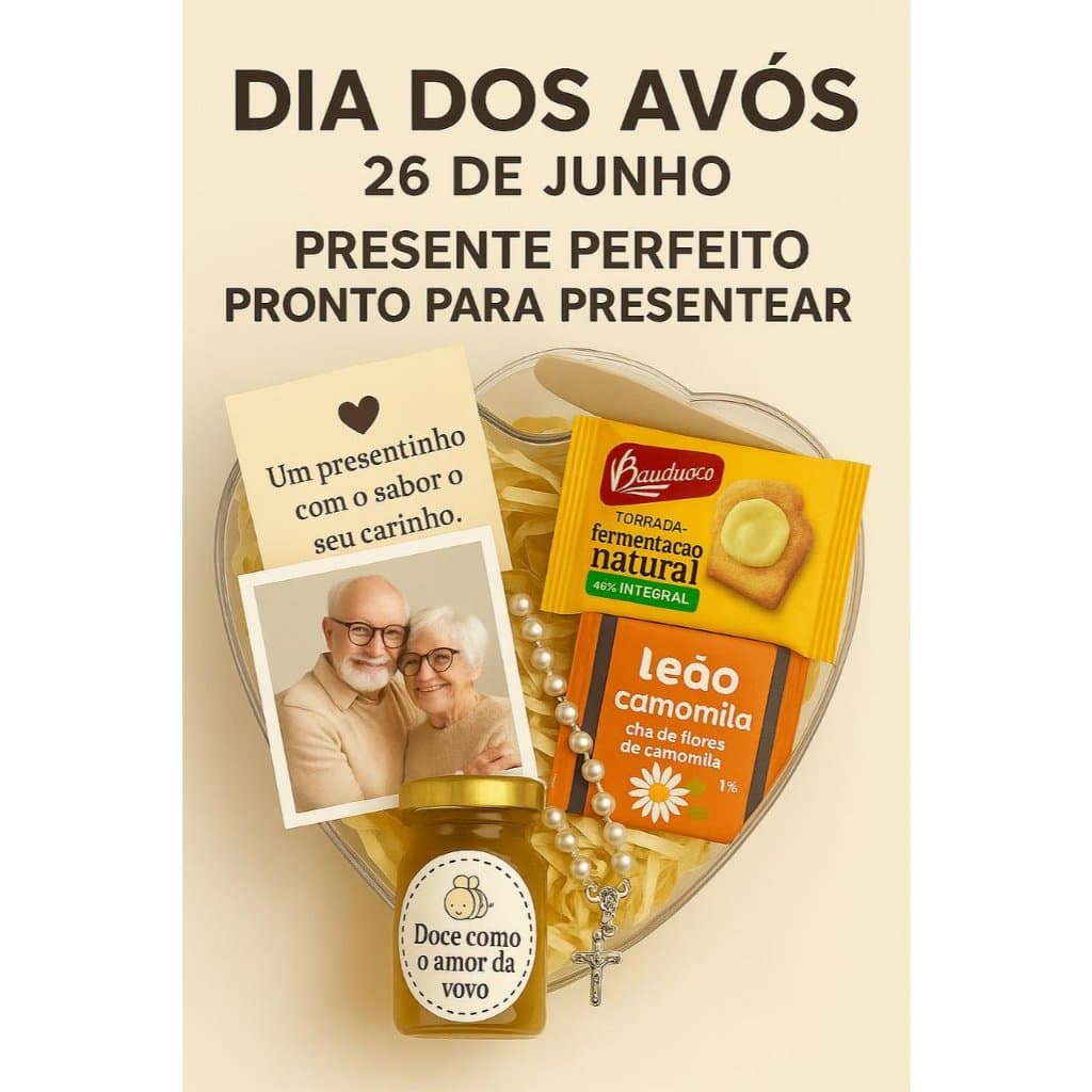 Presente Dia dos Avós ❤️ Mel + Chá + Terço + Cartinha – Envio Imediato