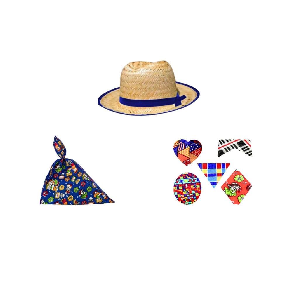 Kit 1 Chapéu De Palha Infantil Italianinho, 1 Lenço Estampado e 5 Remendos
