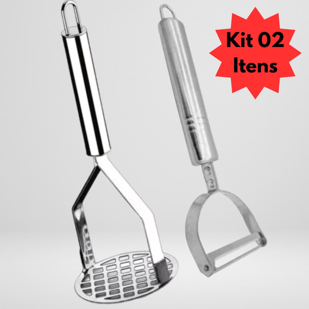 Amassador de Batatas + Descascador Inox Kit 2 Peças Ralador de Legumes Frutas Utensílios de Cozinha