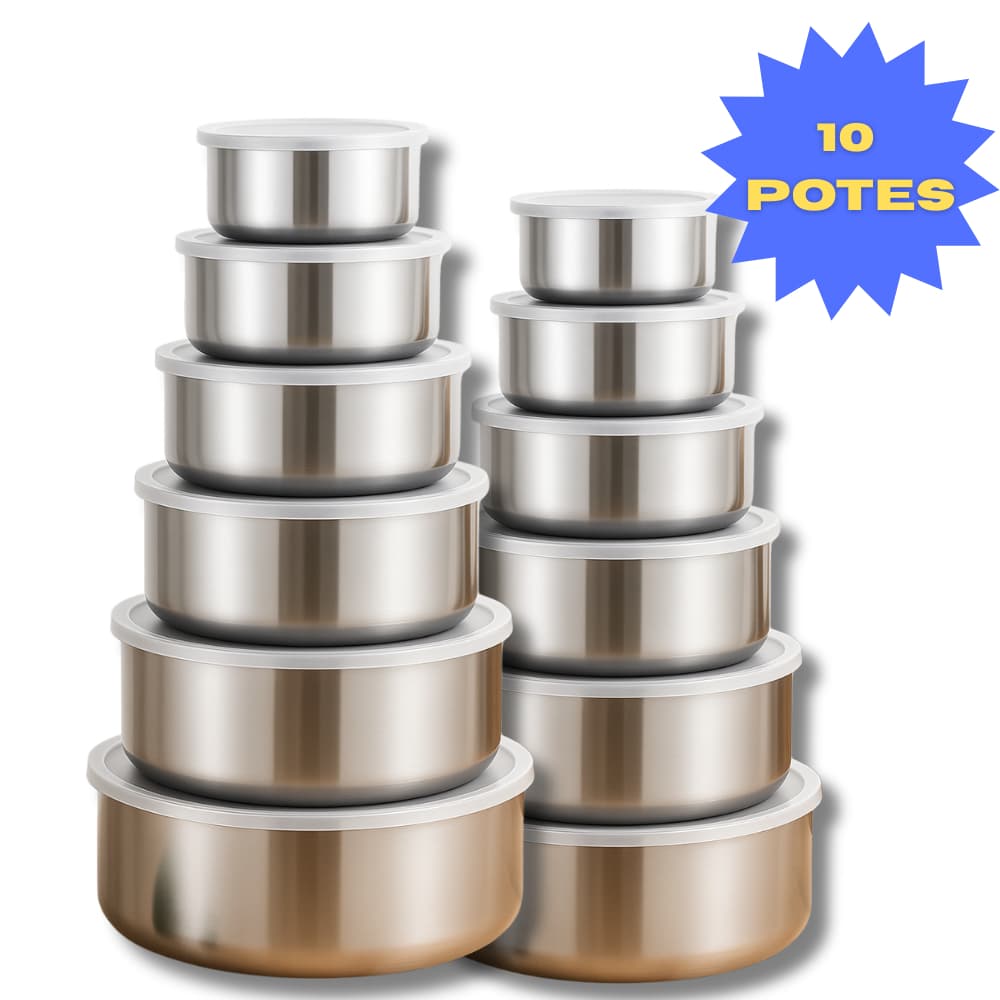 Jogo 10 Potes Tigelas em Inox Alumínio Com Tampa Redondo