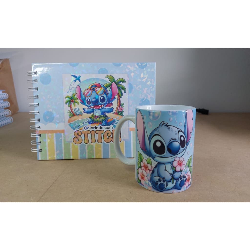 Livro De Colorir Stitch Capa Dura Holográfica 50 Folhas Grossas + Caneca Brinde
