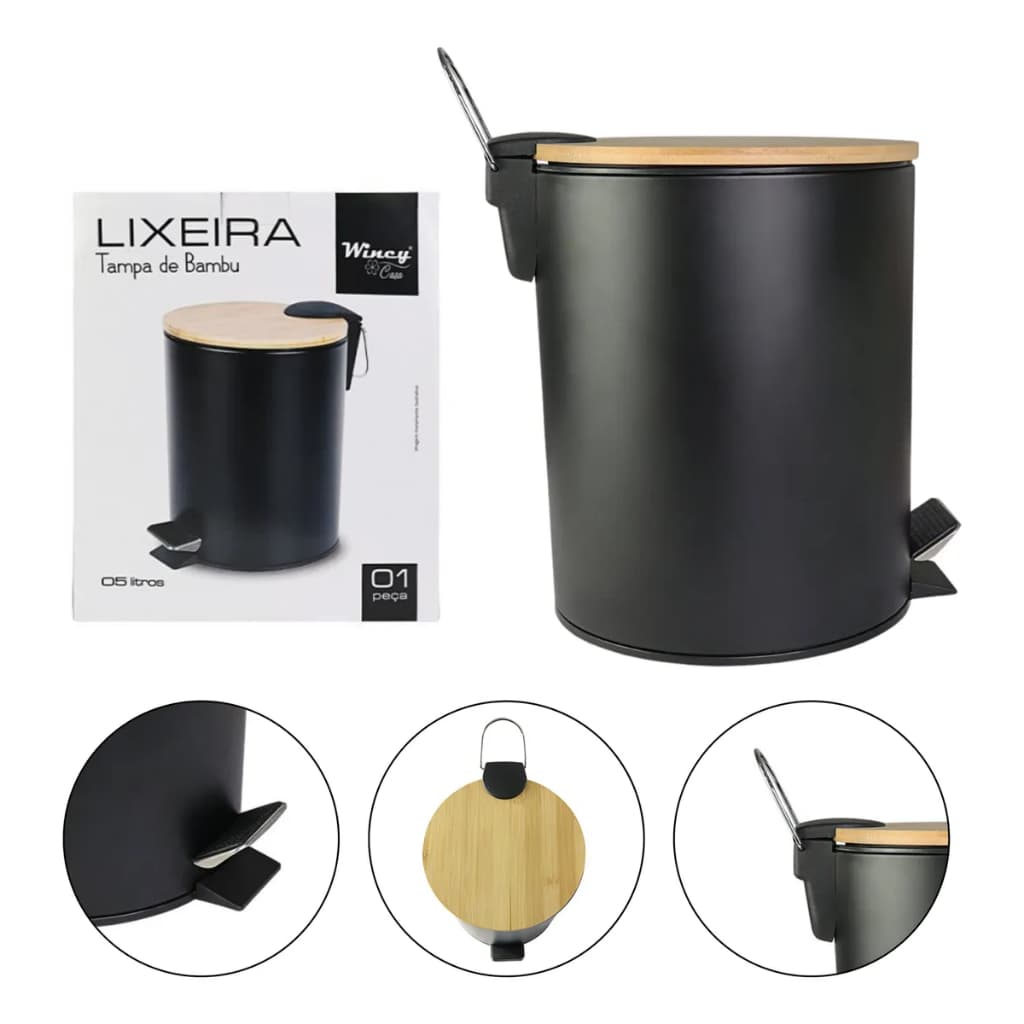 Lixeira Com Pedal Tampa De Bambu 5 Litros Inox Banheiro