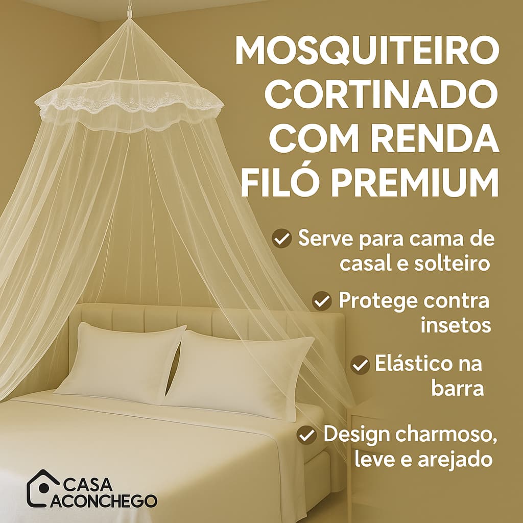 Mosquiteiro Cortinado com Renda Filó Premium | Serve para Cama de Casal e Solteiro Decora e Protege