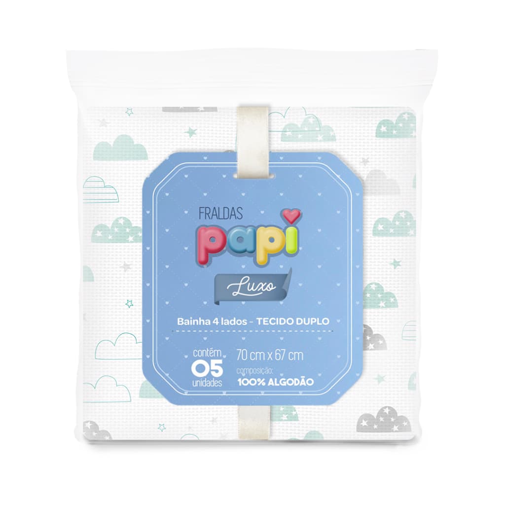 FRALDA MACIA PAPI LUXO COM BAINHA ESTAMPADA PACOTE COM 5 UNIDADES! TECIDO DUPLO!70X67CM 100%ALGODÃO!