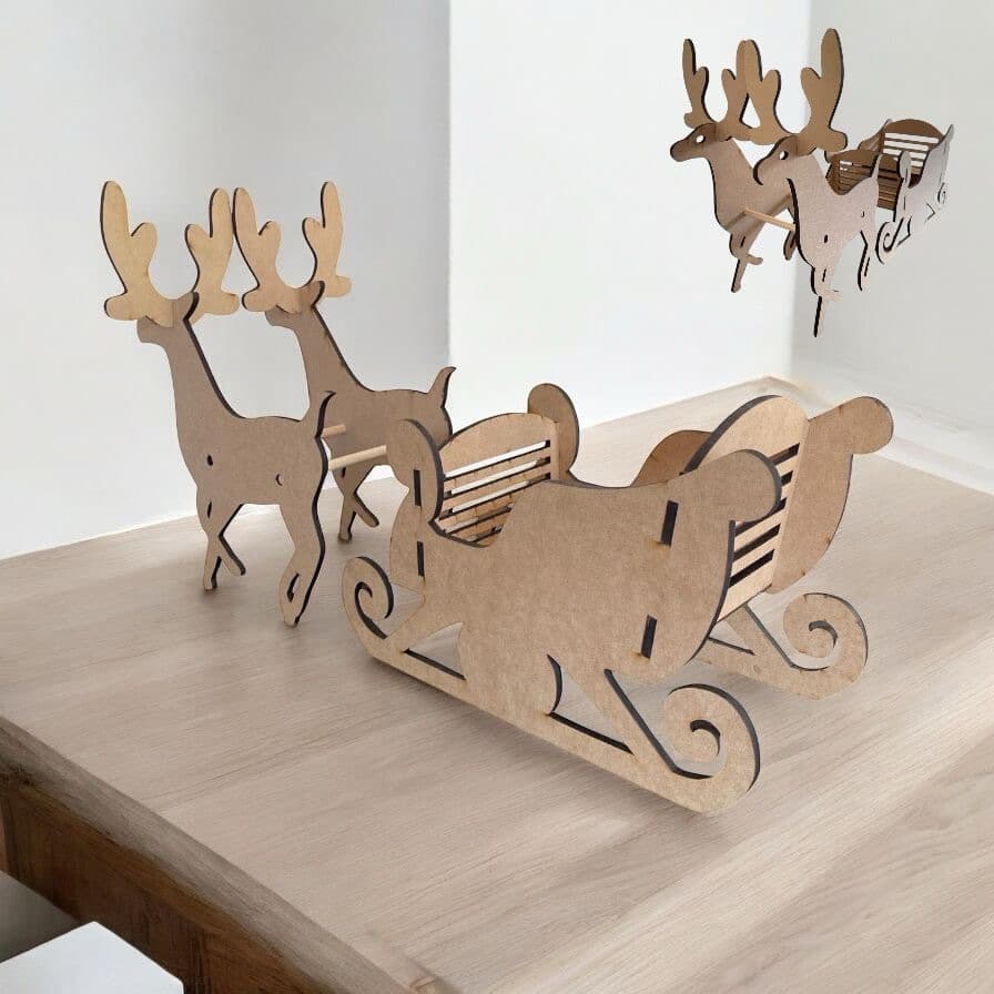 Kit Natal Decorativo Rena e Trenó Papai Noel Decoração Mesa MDF Cru