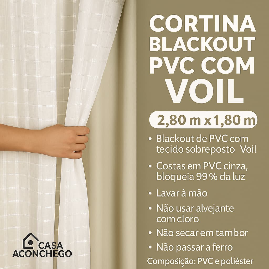Cortina Blackout PVC com Voil Xadrez 2,80m x 1,80m Dupla Camada Elegante Bloqueio Total da Luz
