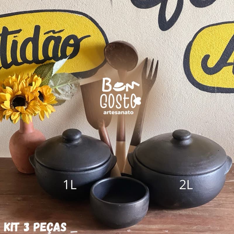 kit 3 Peças de Barro, cumbuca e 2 Panelas