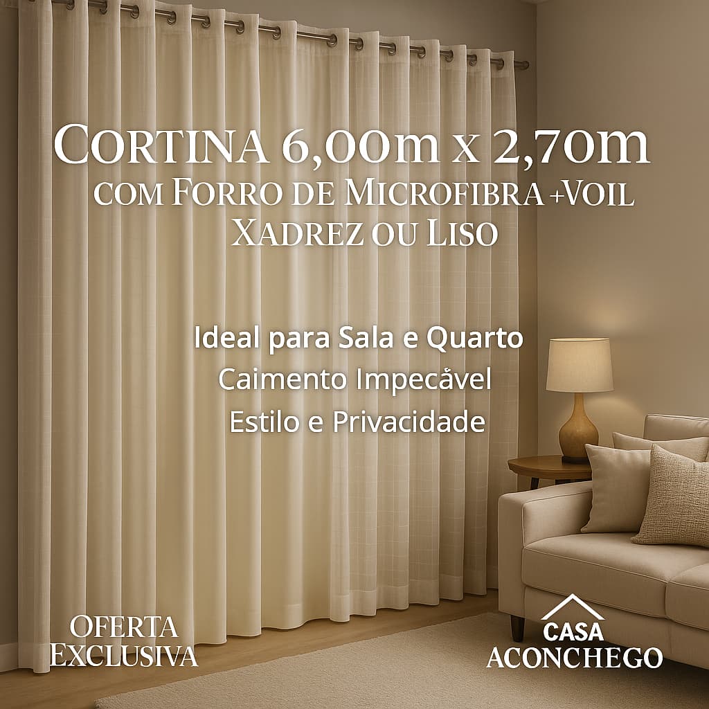 Cortina Vários Tamanhos com Forro de Microfibra Voil Xadrez Liso Dupla Camada Sofisticada Sala Quarto