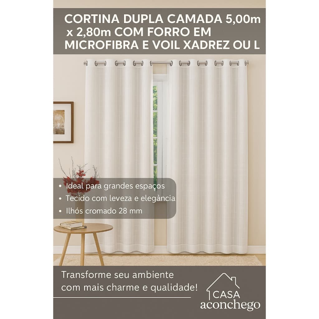 Cortina 5,00m x 2,80m com Forro de Microfibra + Voil Xadrez ou Liso Dupla Camada Para Sala e Quarto