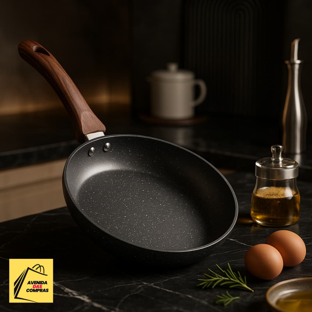 Frigideira 18cm Antiaderente Premium 🍳Cabo Madeira Estilo Moderno – Alumínio com Fundo para Indução