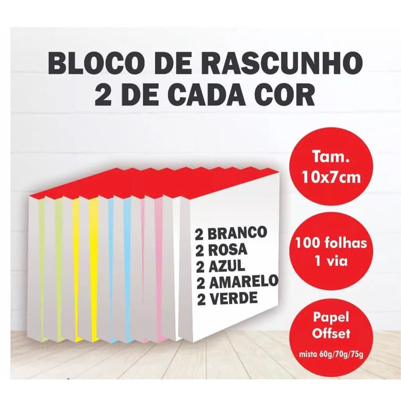 20 Rascunho Colorido 10x7cm blocos 100 folhas s/pauta Papelaria Anotações Comanda Bar Restaurante
